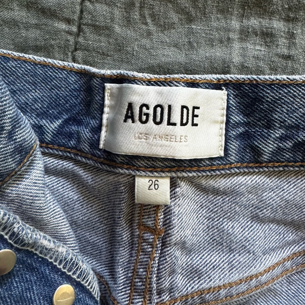 Agolde Parker Long Shorts in Skywave Medium Blue Wash Distressed Denim Shorts - Picture 8 of 12